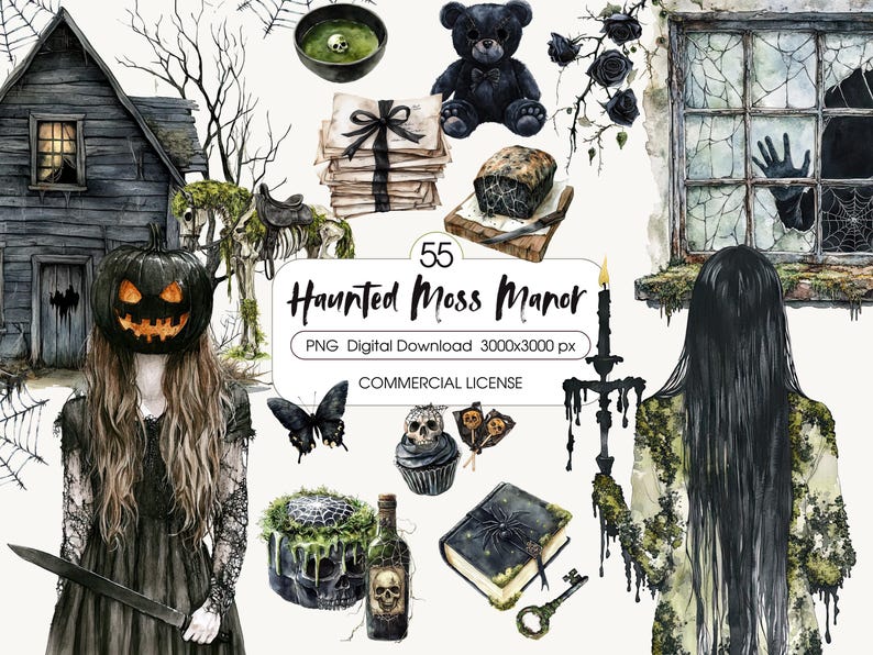 May include: Watercolor digital art featuring a spooky Halloween theme. Includes a haunted house, a figure with a jack-o'-lantern head, a black teddy bear, and other eerie elements. The text reads "Haunted Moss Manor".