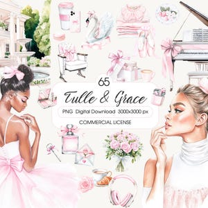 Tulle aquarelle et clipart Grace, clipart lac des cygnes, ballerine rose blush PNG, clipart esthétique de ballet, danseuse, théâtre, téléchargement numérique
