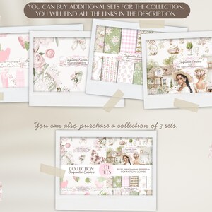 May include: A collection of digital art prints in a vintage aesthetic. The images feature floral patterns, illustrations of women, and decorative elements in soft pinks, greens, and whites. Text includes "Coquette Easter" and "Commercial License."