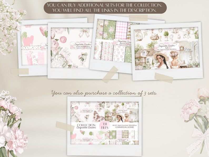 May include: A collection of digital art prints in a vintage aesthetic. The images feature floral patterns, illustrations of women, and decorative elements in soft pinks, greens, and whites. Text includes "Coquette Easter" and "Commercial License."