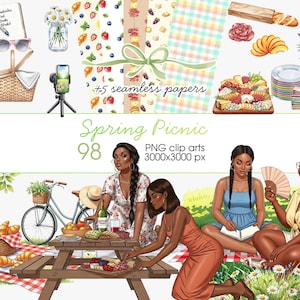 May include: A digital illustration featuring picnic-themed elements. Includes a picnic basket, food, drinks, and seamless paper patterns. The text "Spring Picnic" and "+5 seamless papers" are visible. Also, there are illustrations of women enjoying a picnic.