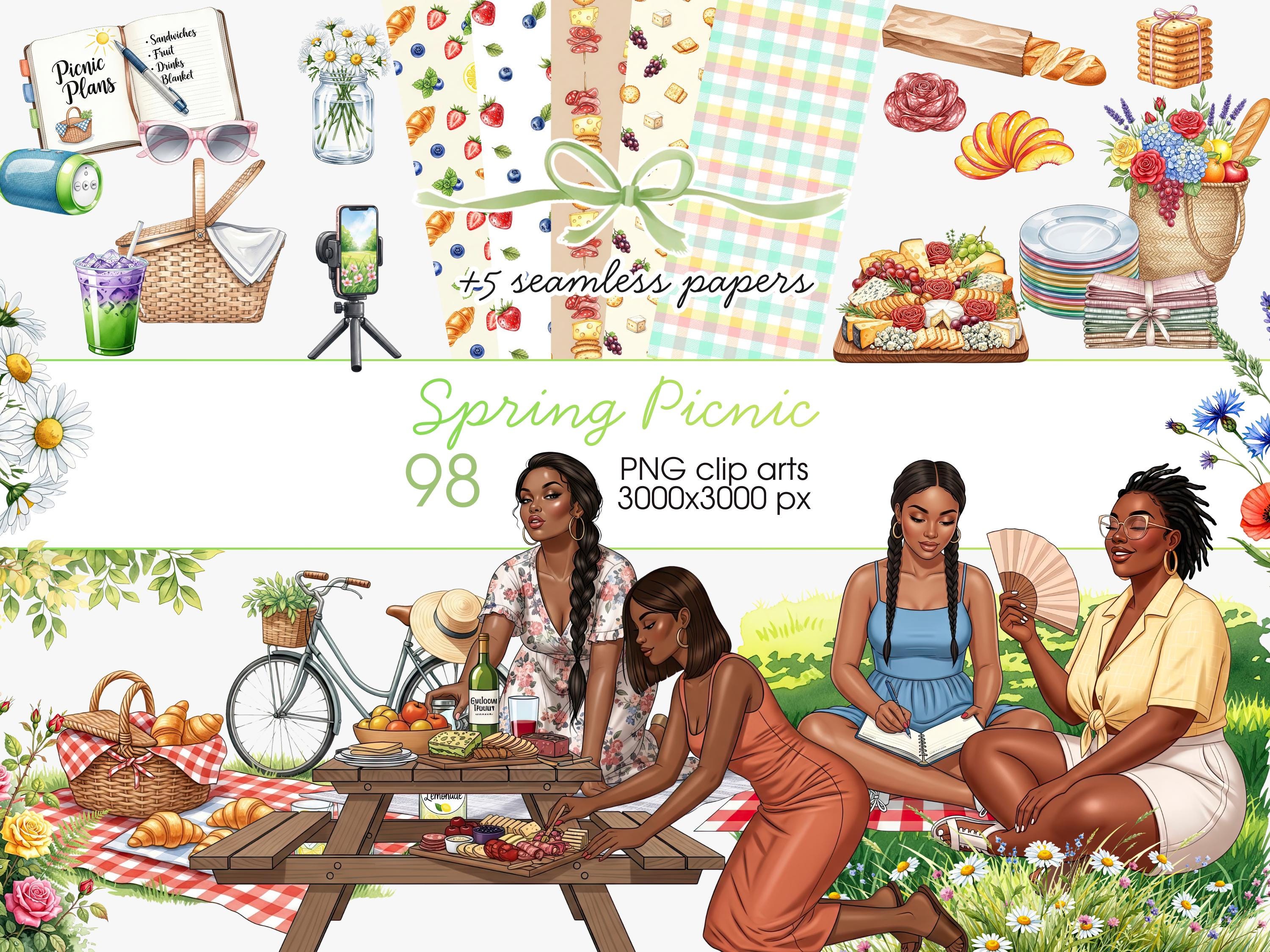 Spring Picnic Graphics Spring Picnic Clipart Bundle, Afro American Women, Nature Scenes ...