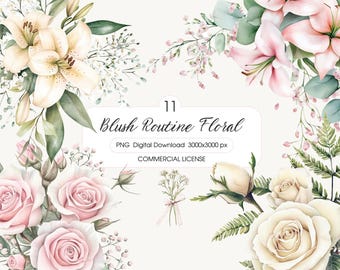 Blush Routine Floral Clipart, акварельные розы и лилии PNG, пастельно-розовый зеленый, цветы для скрапбукинга, наклейки для планировщиков, коммерческое использование