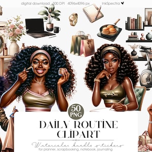 Black Girl Daily Routine Clipart Stickers, Planner Scrapbooking (Digital Download)