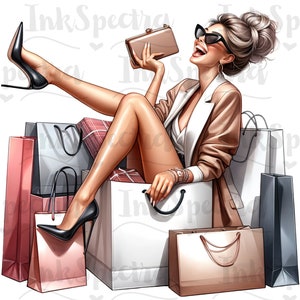 May include: A woman wearing sunglasses and a brown jacket sits on a pile of shopping bags. She is holding a small purse in one hand and a shopping bag in the other. The bags are various colors and sizes.