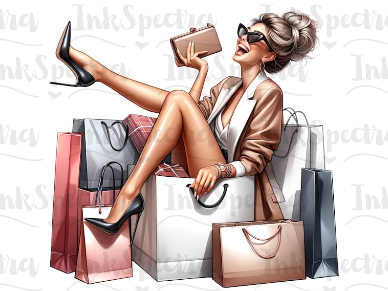 May include: A woman wearing sunglasses and a brown jacket sits on a pile of shopping bags. She is holding a small purse in one hand and a shopping bag in the other. The bags are various colors and sizes.