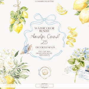 Puede incluir: Paquete de acuarela con elementos decorativos de la Costa Amalfitana. La imagen incluye limones, flores blancas, hortensias azules y una concha. El texto dice "Amalfi Coast 25 Decor Elements". Descarga digital, 3000x3000 px.