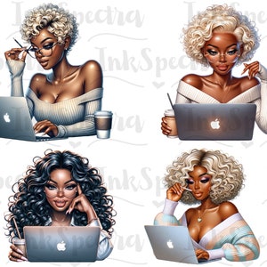 May include: Four digital illustrations of women working on laptops. Each woman has a different hairstyle and is wearing a different outfit. Each woman is sitting at a desk with a laptop, a cup of coffee, and a pen.