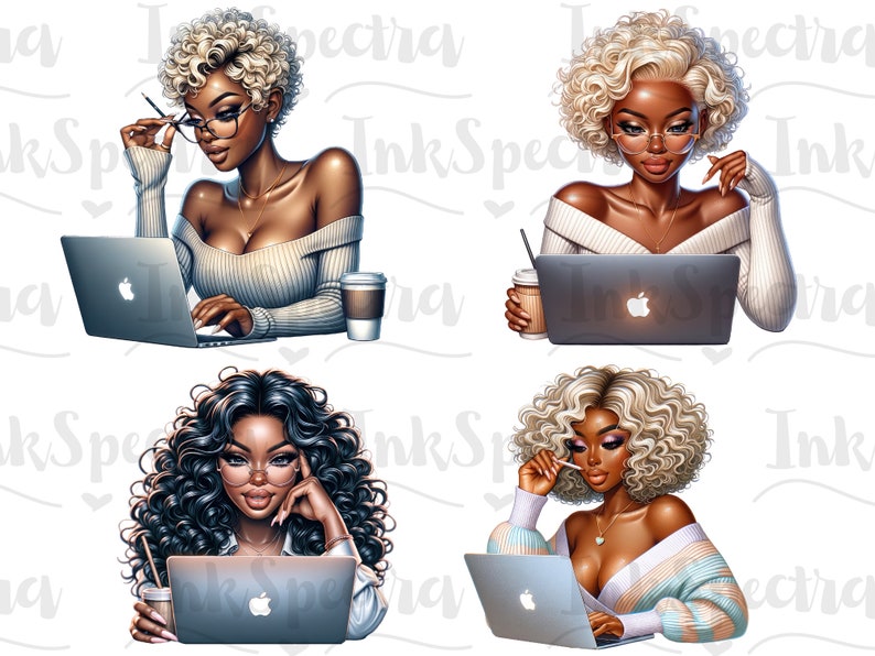 May include: Four digital illustrations of women working on laptops. Each woman has a different hairstyle and is wearing a different outfit. Each woman is sitting at a desk with a laptop, a cup of coffee, and a pen.