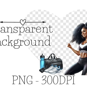 May include: A woman with long curly black hair is wearing a black sports bra and black leggings with a white stripe. She is holding a water bottle and a black gym bag. The background is transparent.