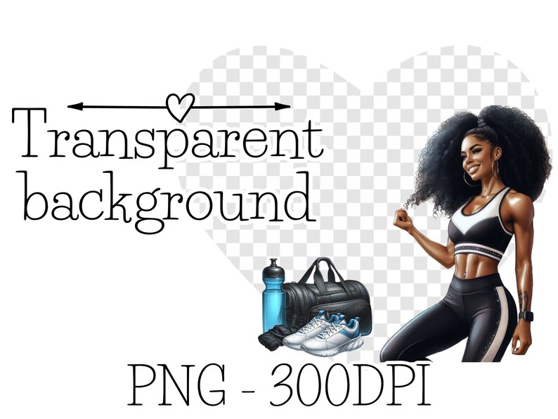 May include: A woman with long curly black hair is wearing a black sports bra and black leggings with a white stripe. She is holding a water bottle and a black gym bag. The background is transparent.