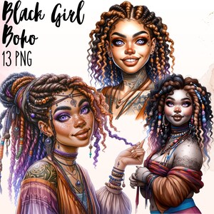 Bundle Boho Black Girl Clipart, tatouage fille Boho, magie fille noire, esthétique afro-américaine, imprimable Art Black Girl PNG, fille bohème