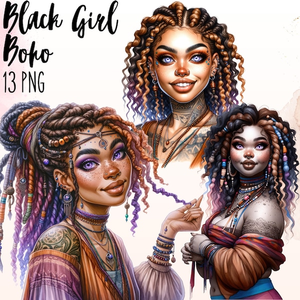 Bundle Boho Black Girl Clipart, Boho Girl Tattoo, Black Girl Magic, African American Aesthetic, Printable Art Black Girl PNG, Bohemian Girl