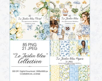 May include: Digital art collection titled "Le Jardin Bleu" featuring floral designs, illustrations, and patterns. The artwork includes watercolor images of flowers, women, and decorative elements in shades of blue, yellow, and white. Includes 85 PNG and 21 JPEG files.