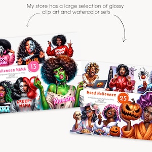 Pu&ograve; includere: Set di clip art digitali con donne diverse in design a tema Halloween. I set includono illustrazioni con testo come "Boo Mama", "Creepy Mama" e "Momster". L'immagine include anche il testo "Halloween MAMA" e "Mood Halloween".