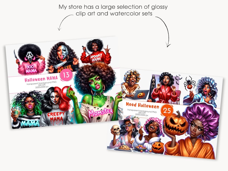 Pu&ograve; includere: Set di clip art digitali con donne diverse in design a tema Halloween. I set includono illustrazioni con testo come "Boo Mama", "Creepy Mama" e "Momster". L'immagine include anche il testo "Halloween MAMA" e "Mood Halloween".