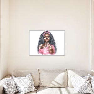 May include: A digital illustration of a woman with long black braids wearing a pink shirt and a pink headband. She is holding a cup of coffee and drinking through a straw. The background is white.