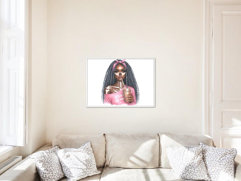 May include: A digital illustration of a woman with long black braids wearing a pink shirt and a pink headband. She is holding a cup of coffee and drinking through a straw. The background is white.