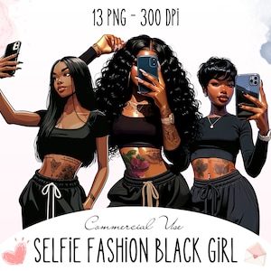 Pacchetto esclusivo di moda afroamericana donna PNG con sfondo trasparente, selfie ragazza nera, clipart per prodotti POD