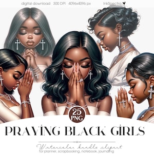 Praying Believers Black Girls Clipart, Spiritual Black Woman Magic Clipart, Sticker Planner, Black Family Pray Art, Religious Christian Png