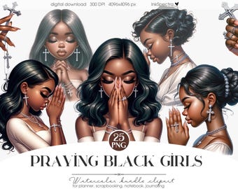 Praying Believers Black Girls Clipart, Spiritual Black Woman Magic Clipart, Sticker Planner, Black Family Pray Art, Religious Christian Png