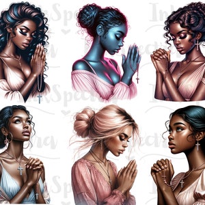 May include: Six digital illustrations of women with different hairstyles and skin tones, each with their hands clasped in prayer. The women are wearing various shades of pink and white clothing.