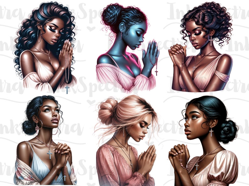 May include: Six digital illustrations of women with different hairstyles and skin tones, each with their hands clasped in prayer. The women are wearing various shades of pink and white clothing.