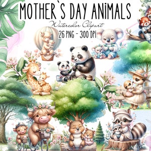 Clipart de aquarela para o Dia das Mães, Clipart de animais para mamães e bebês, Animais bebês, Animais da floresta, Clipart de chá de bebê, Berçário de bebê na floresta