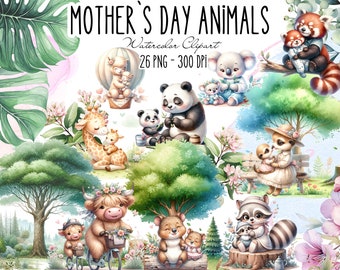 Watercolor Mama and Baby Animal Clipart, Woodland Nursery (Digital Download)