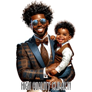 May include: A father and son are smiling. The father is wearing a brown and blue plaid suit with a bow tie and a gold tie. The son is wearing a white shirt with a brown vest and a bow tie. They are both wearing sunglasses.