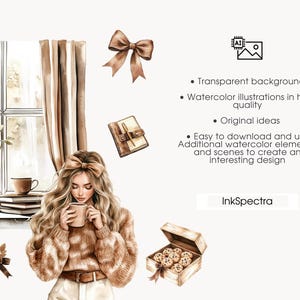 May include: Watercolor illustration featuring a woman with long blonde hair holding a mug, with a window, curtains, and a stack of books in the background. Other elements include a bow, a notebook, and a box of cookies. The text in the image says "InkSpectra".