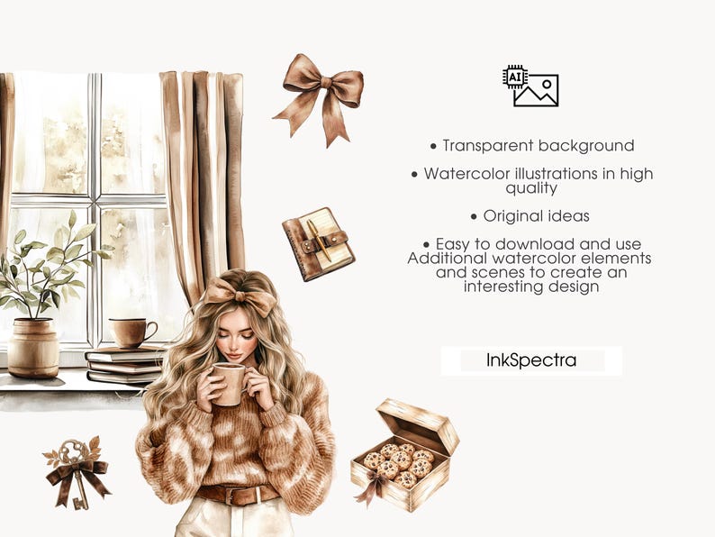 May include: Watercolor illustration featuring a woman with long blonde hair holding a mug, with a window, curtains, and a stack of books in the background. Other elements include a bow, a notebook, and a box of cookies. The text in the image says "InkSpectra".