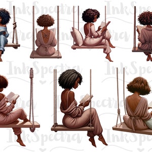 May include: Six illustrations of women reading books while sitting on swings. Each woman has brown skin and dark hair. The swings are made of wood and rope. The background is white.