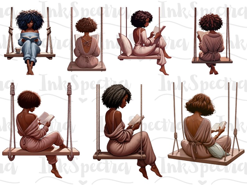 May include: Six illustrations of women reading books while sitting on swings. Each woman has brown skin and dark hair. The swings are made of wood and rope. The background is white.