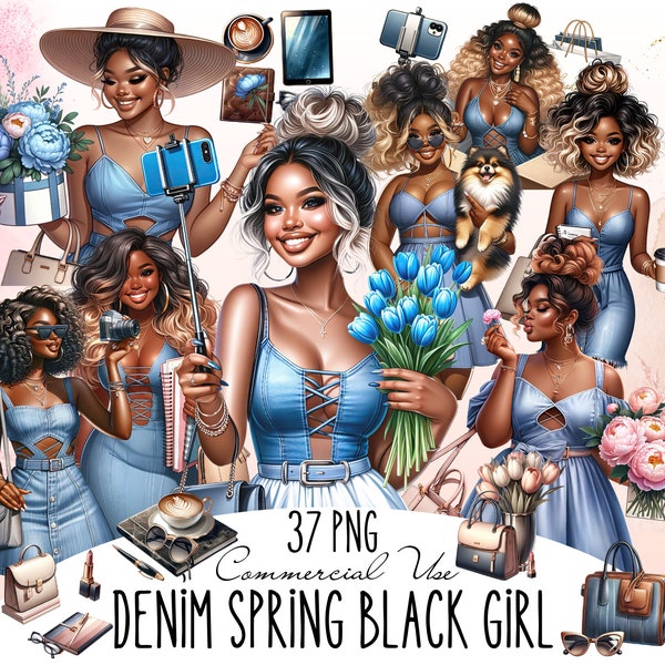 Watercolor Denim Spring Clipart, Spring Curvy Black Girl Clipart, Denim Black Girl Clipart, Planner Girl Clipart, Fashion Lady Boss Clipart