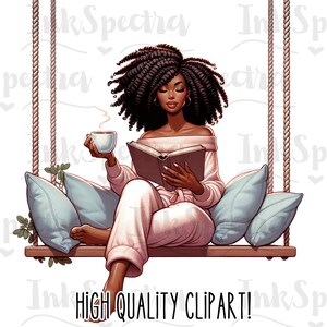 May include: A woman with curly black hair sits on a swing reading a book and holding a cup of coffee. She is wearing a pink off-the-shoulder top and white pants.