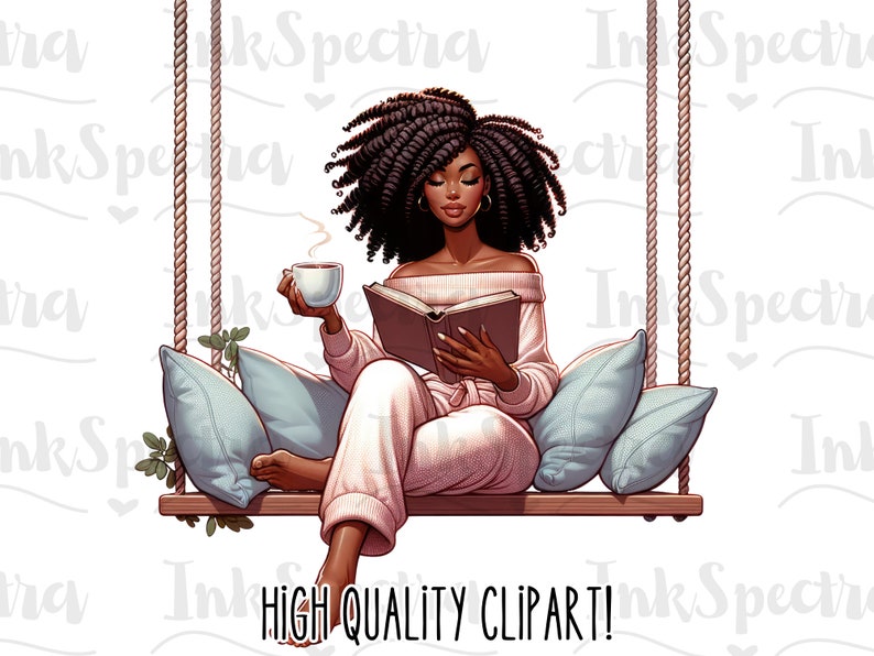 May include: A woman with curly black hair sits on a swing reading a book and holding a cup of coffee. She is wearing a pink off-the-shoulder top and white pants.