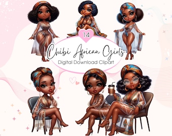 African Chibi Girls Clipart, Planner Stickers (Digital Download)