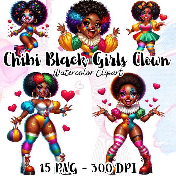 Stylish Chibi Black Girls Clown Clipart Collection, Cute Clown Clipart,Clown Illustrations for Cards, Party Decor Clown PNG, Digital sticker