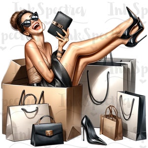 May include: A woman wearing sunglasses and a black dress sits inside a cardboard box with multiple shopping bags. The bags are white, brown, and black. The woman is holding a black purse.