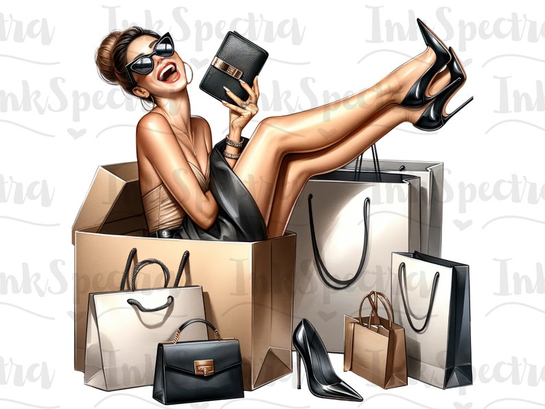 May include: A woman wearing sunglasses and a black dress sits inside a cardboard box with multiple shopping bags. The bags are white, brown, and black. The woman is holding a black purse.