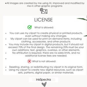 May include: A license agreement displayed on a cream-colored background with green leaf accents. The text outlines what is and isn't allowed when using the clipart, including print-on-demand items. The InkSpectra logo is at the bottom.