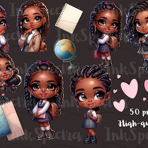 May include: A set of 50 digital illustrations of cute cartoon girls with braids, wearing school uniforms and carrying backpacks. The girls are standing in different poses and have different expressions. The illustrations are in a cartoon style and are perfect for use in digital projects.
