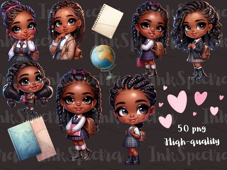 May include: A set of 50 digital illustrations of cute cartoon girls with braids, wearing school uniforms and carrying backpacks. The girls are standing in different poses and have different expressions. The illustrations are in a cartoon style and are perfect for use in digital projects.