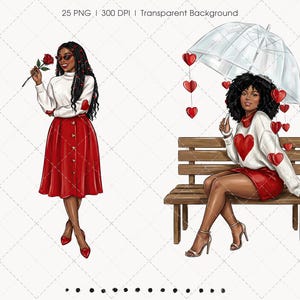 May include: Digital illustration of two women in Valentine's Day attire. One holds a rose, wearing a red skirt and white sweater with heart accents. The other sits on a bench under an umbrella with heart decorations, wearing a red skirt and white sweater.