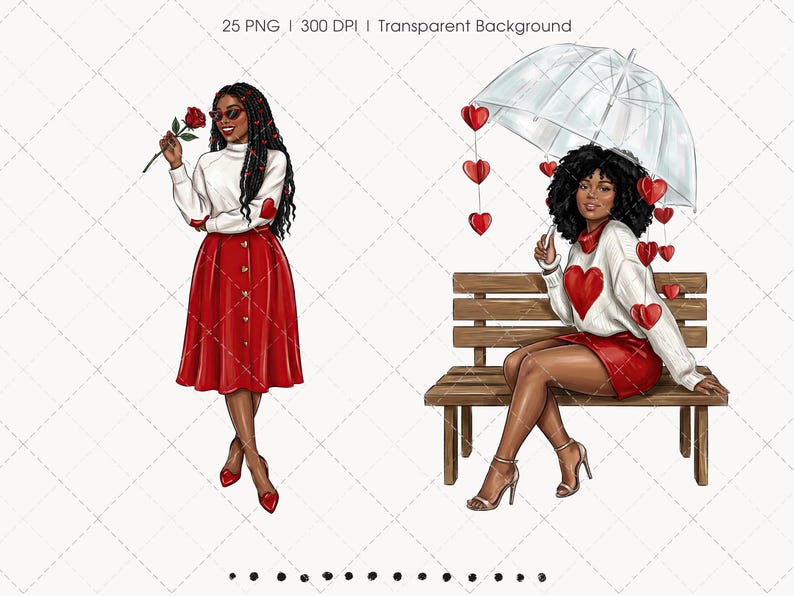 May include: Digital illustration of two women in Valentine's Day attire. One holds a rose, wearing a red skirt and white sweater with heart accents. The other sits on a bench under an umbrella with heart decorations, wearing a red skirt and white sweater.