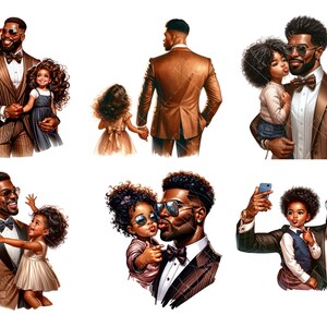 May include: A collection of six images depicting fathers and daughters. The images show fathers and daughters in various poses, including dancing, taking selfies, and hugging. The images are all brightly colored and feature a variety of backgrounds.