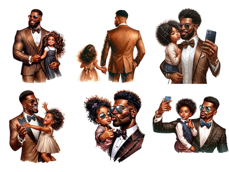 May include: A collection of six images depicting fathers and daughters. The images show fathers and daughters in various poses, including dancing, taking selfies, and hugging. The images are all brightly colored and feature a variety of backgrounds.