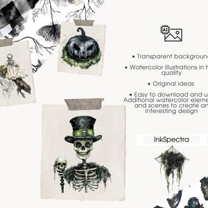 May include: Watercolor illustrations of Halloween-themed images, including a skeleton in a top hat, a carved pumpkin, and a doll on a branch. The images are on paper with tape and include the text "InkSpectra".
