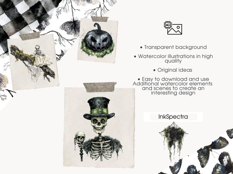 May include: Watercolor illustrations of Halloween-themed images, including a skeleton in a top hat, a carved pumpkin, and a doll on a branch. The images are on paper with tape and include the text "InkSpectra".